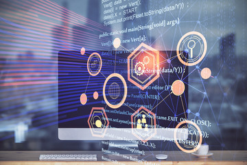 Technology theme drawing and work space with computer. Multi exposure. Concept of innovation.