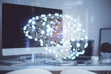 Obraz premium Double exposure of table with computer and brain hologram. Data innovation concept.