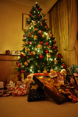 Christmas tree and gift boxes in living room, decoration on Christmas holiday