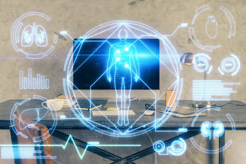 Desktop computer background and education theme drawing. Double exposure. Study concept.