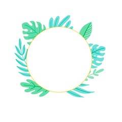 Fototapeta na wymiar Tropical summer leaf circle frame for text border, greeting card, poster design. Exotic floral decoration of hawaii style. Vector illuatration of trendy style.