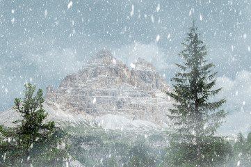 Tre cime mountains in snow storm