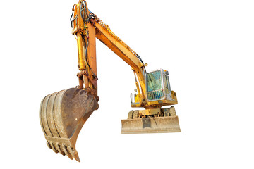 Perspective view of active long arm of yellow excavator for building work isolated on white...
