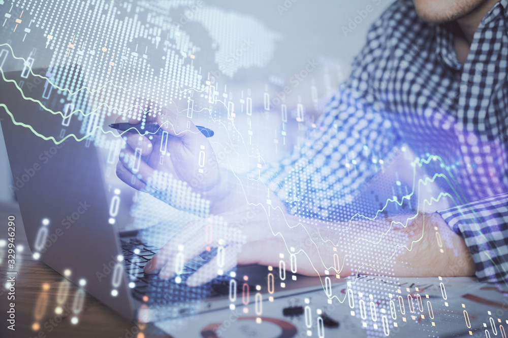 Aufkleber double exposure of forex graph with man working on computer on background. concept of market analysi