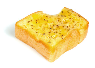 Bitten Garlic Bread with Cheese isolated on white background