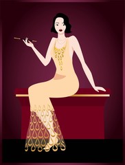 Vector illustration of a Retro elegant glamour woman of 20s. Art deco in a flat style. 