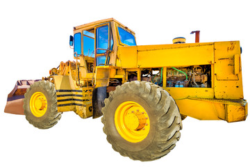 Fototapeta na wymiar Side view of an yellow tractor isolated on white background with copy space.