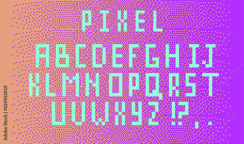 Poster Pixel alphabet letters and punctuation marks. Modern stylish font or typeface for headline in style of 80's retro video game, vintage computer typography.