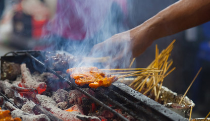 Grilled Pork Satay is marinated pork skewer stick barbecued on charcoal fire grill. Asian Food...