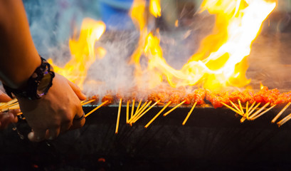 Grilled Pork Satay is marinated pork skewer stick barbecued on charcoal fire grill. Asian Food...