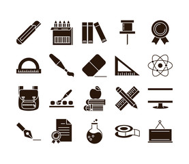 school education learn supply stationery icons set silhouette style icon