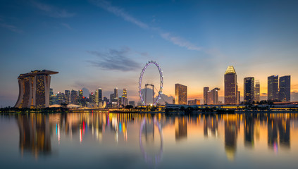 Fototapeta na wymiar Singapore central business district in sunset look from Gardens by the Bay East 