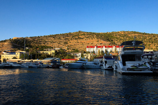 Yacht parking, A marina lot, Yacht and sailboat is moored at the quay,