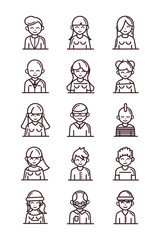 avatar male female men women cartoon character people icons set line style icon