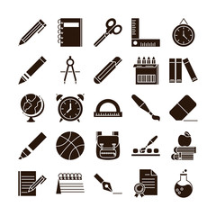 Obraz premium school education learn supply stationery icons set silhouette style icon