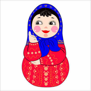 Colorful Russian nesting doll. Blue scarf on her head . Isolated, white background . Vector