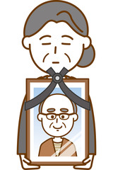 夫の遺影を持っている妻のイメージイラスト