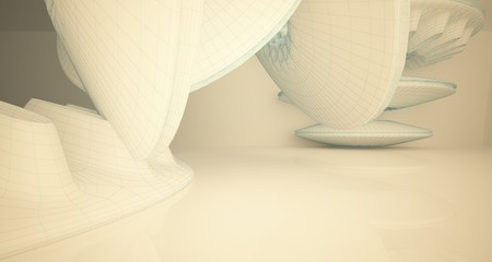 Abstract drawing architectural background. White interior with discs. 3D illustration and rendering.