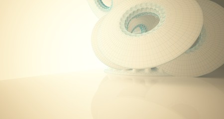 Abstract drawing architectural background. White interior with discs. 3D illustration and rendering.