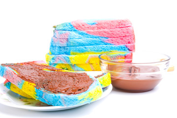 A picture of colourful bengali sliced bread with homemade chocolate spread.