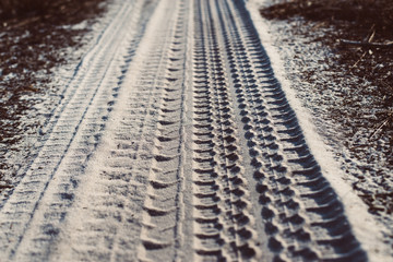 Tyre track on dirt sand or mud at forest,Off road track,Close up