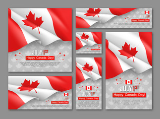 Happy Canada Day 1st of July banners set. Celebrate official country founding day. Congratulation template with realistic canadian flag and maple leaf. National patriotic holiday vector illustration.