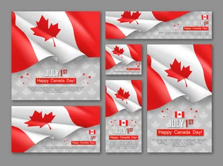 Fotobehang Happy Canada Day 1st of July banners set. Celebrate official country founding day. Congratulation template with realistic canadian flag and maple leaf. National patriotic holiday vector illustration. © Sunflower