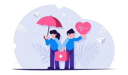 Health insurance or life is a concept. People stand with a heart and an umbrella in their hands symbolizing health protection. Modern flat vector illustration.