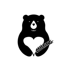 Silhouette of a panda animal logo with hearts and leaves