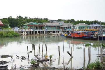 Fototapeta na wymiar Pulau Ketam is an island at the mouth of the Klang River, near Port Klang. It host Chinese fishing villages comprising houses on stilts and the boat is the main transport here.