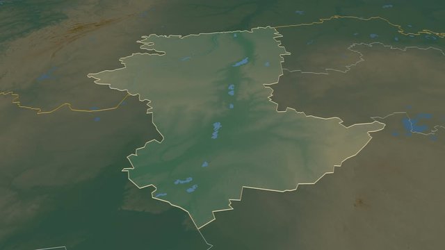 Qostanay, region with its capital, zoomed and extruded on the relief map of Kazakhstan in the conformal Stereographic projection. Animation 3D