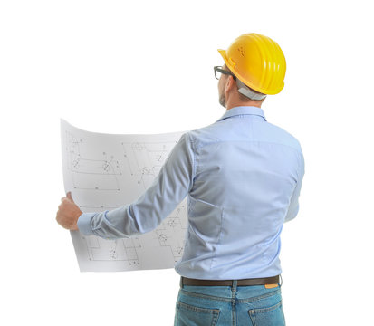 Male engineer with drawing on white background, back view