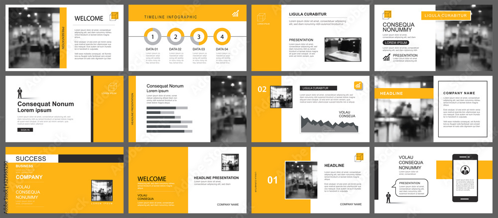 Aufkleber presentation and slide layout template. design yellow and orange geometric background. use for busin