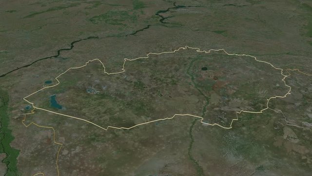West Kazakhstan, region with its capital, zoomed and extruded on the satellite map of Kazakhstan in the conformal Stereographic projection. Animation 3D