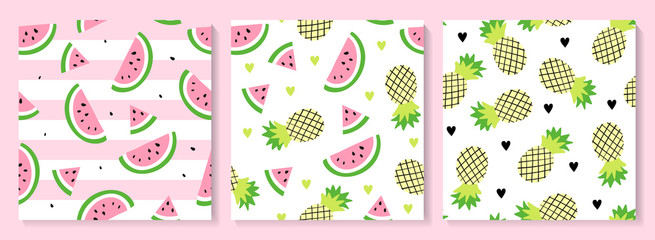 Fototapeta na wymiar A set of watermelon and pineapple seamless pattern.