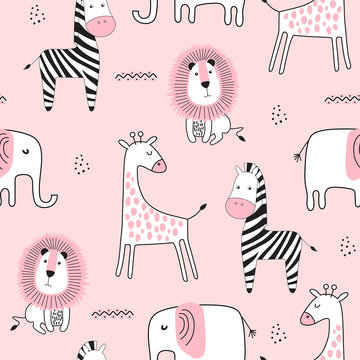 Seamless childish pattern with cute animals in black and white style.