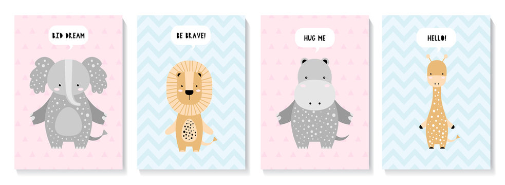A set of cute cards with animals. Elephant, lion, giraffe, hippo