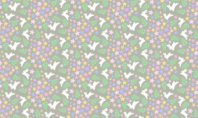 野を飛び跳ね可愛い白ウサギと花のパターン　rabbits and flowers