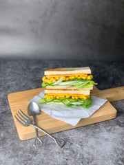 Freshly made vegetables. Cheese. Corn. Onion. Cucumber. Salad dressing. Sandwich. Baking. Chopping board with dark background. Cutlery