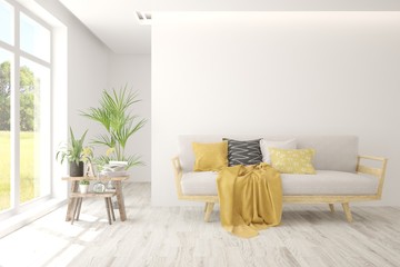 Modern living room in white color with sofa. Scandinavian interior design. 3D illustration