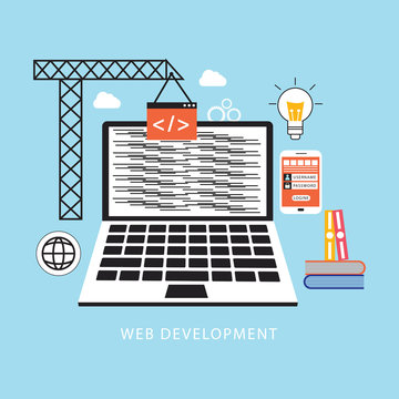 Web Development concept, programming and coding. Laptop with virtual screens on blue background