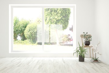 Obraz na płótnie Canvas Stylish empty living room in white color with summer landscape in window. Scandinavian interior design. 3D illustration