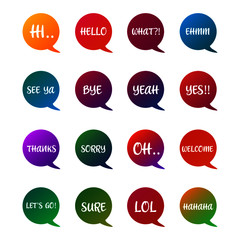 Pack of colorful speech bubbles with words 