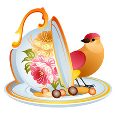 Cute poster with image of tilted porcelain cup with grains and a bird on a saucer isolated on white background. Vector cartoon close-up illustration.