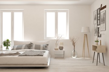 Stylish bedroom in white color. Scandinavian interior design. 3D illustration