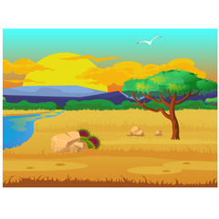Picturesque landscape with a river, a meadow of dried grass, trees and flying bird. Vector cartoon close-up illustration.
