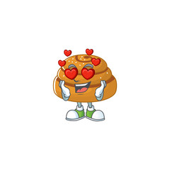 Romantic kanelbulle cartoon character with a falling in love face