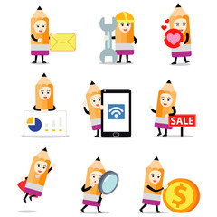 Set character of woman using pencil for drawing or writing something.