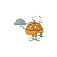 chef cartoon character of kanelbulle with food on tray