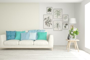 Modern living room in white color with sofa. Scandinavian interior design. 3D illustration